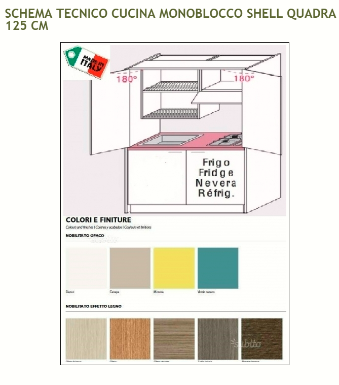 CUCINA MONOBLOCCO SHELL QUADRA 125 FINITURE E SCHEMA TECNICO - LETTI A SCOMPARSA A ROMA